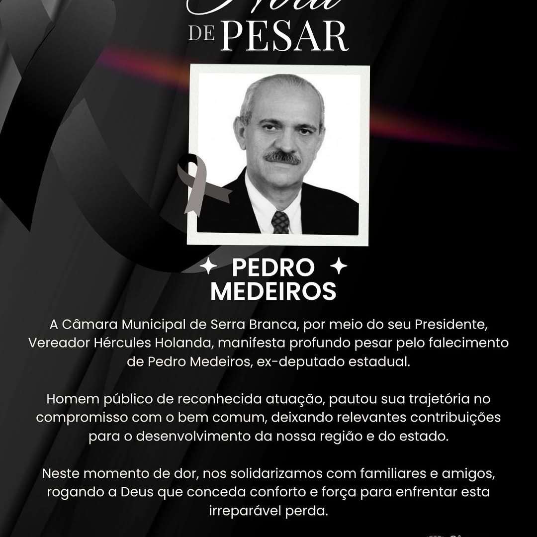 Câmara de Serra Branca manifesta pesar pela morte de Pedro Medeiros