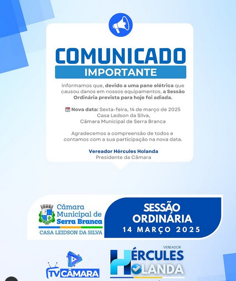 Sessão Ordinária da Câmara Municipal de Serra Branca é Adiada para Sexta-feira, 14 de Março